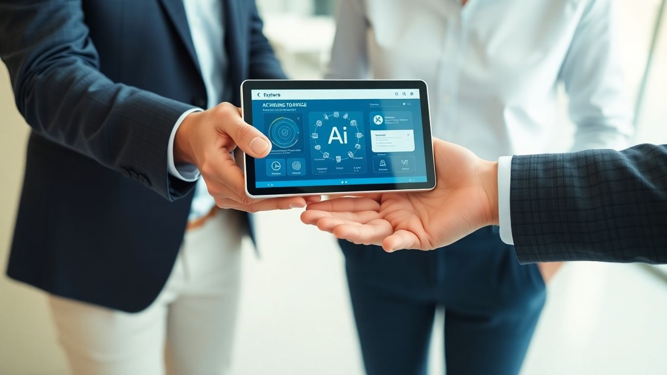 Business people exchanging a device with AI interface.