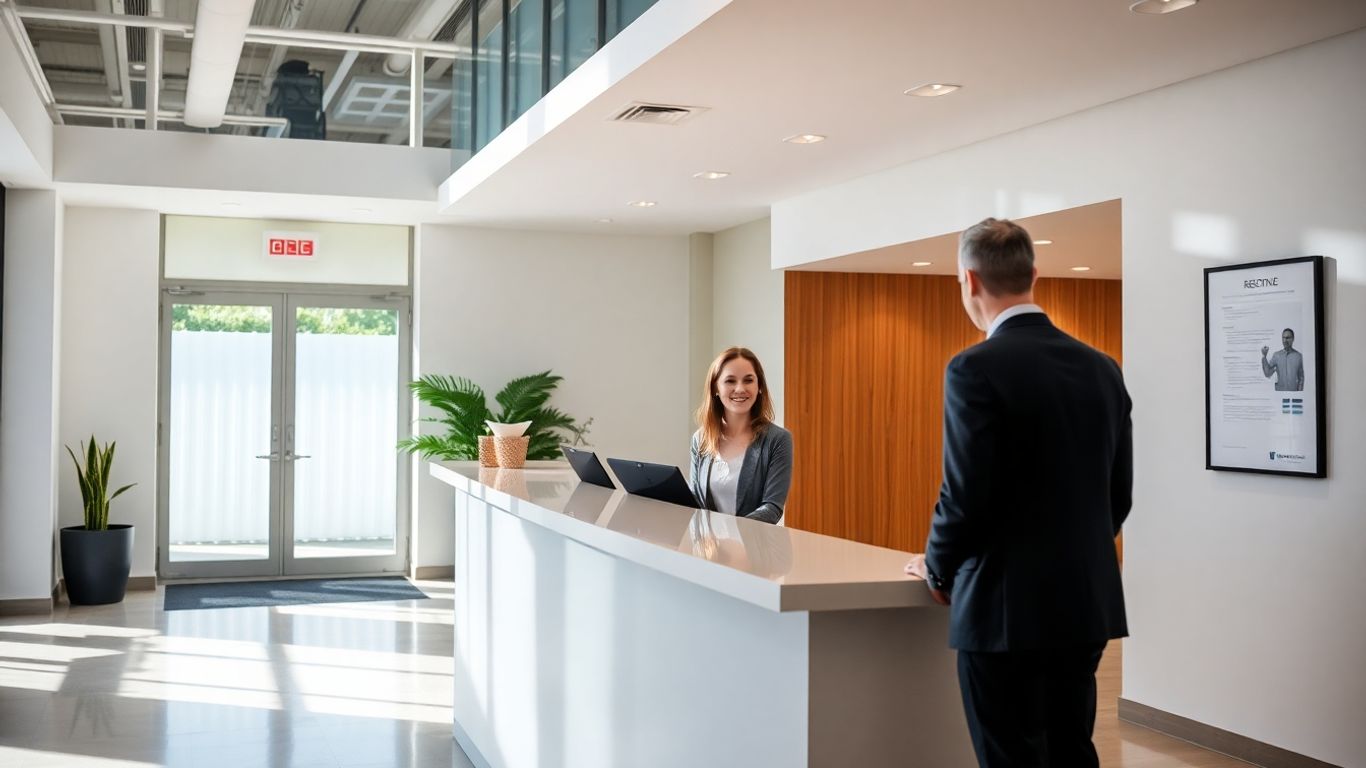 AI receptionist greeting visitor at office desk