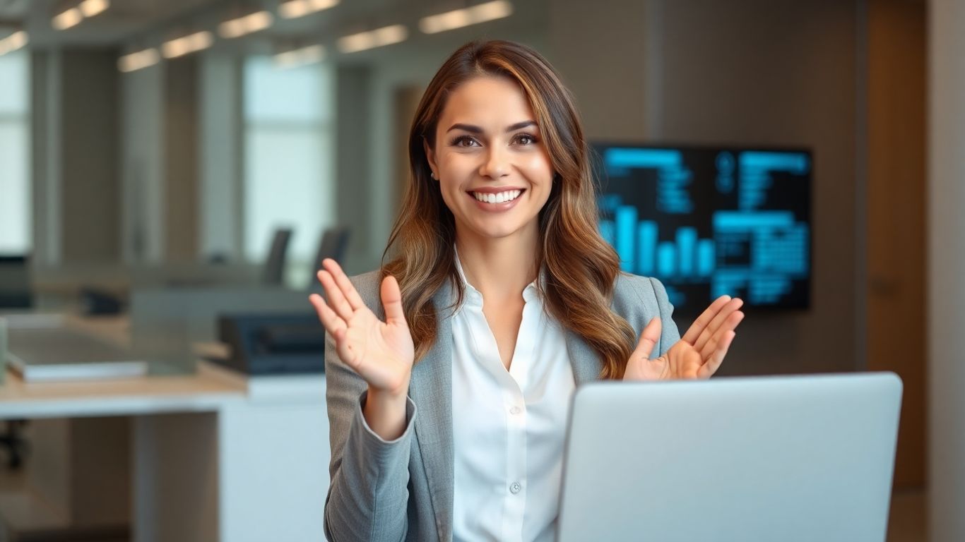 AI receptionist assisting a client at a modern desk.