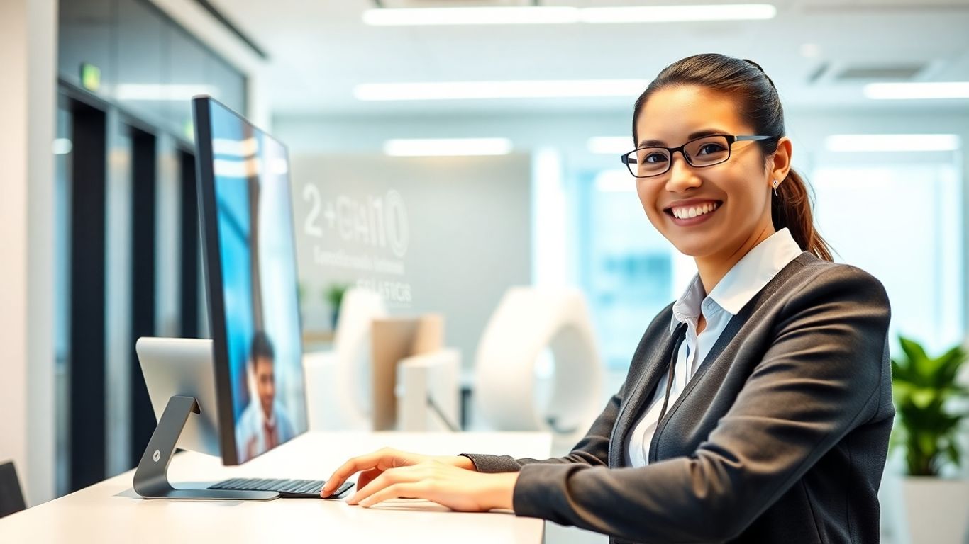 AI receptionist interacting with a holographic interface.