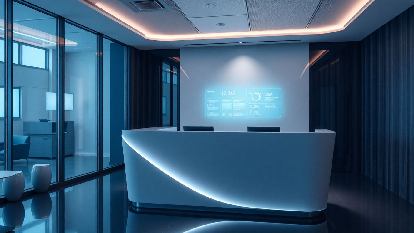 Modern office reception with glowing digital interface