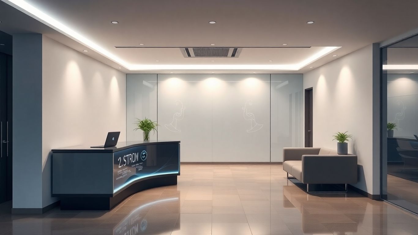 AI receptionist interface in a modern office setting.