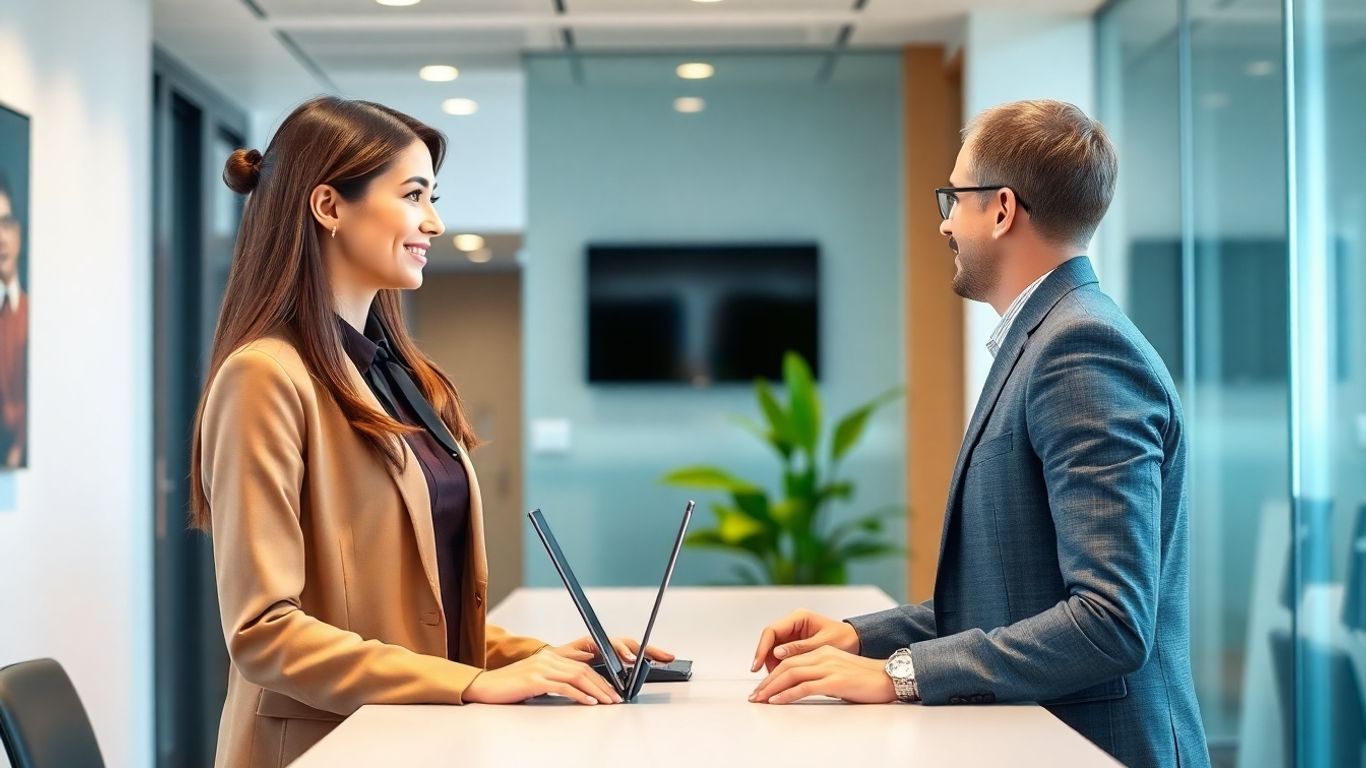 AI receptionist interacting with a client in an office.