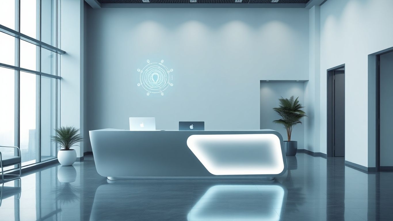AI receptionist desk with glowing digital interface