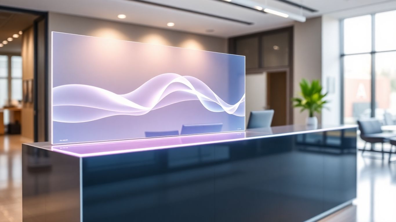 Holographic AI interface at a modern reception desk.