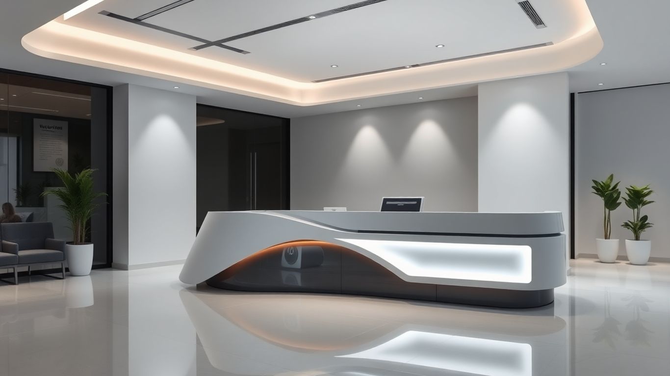 Modern office reception with subtle AI interface.