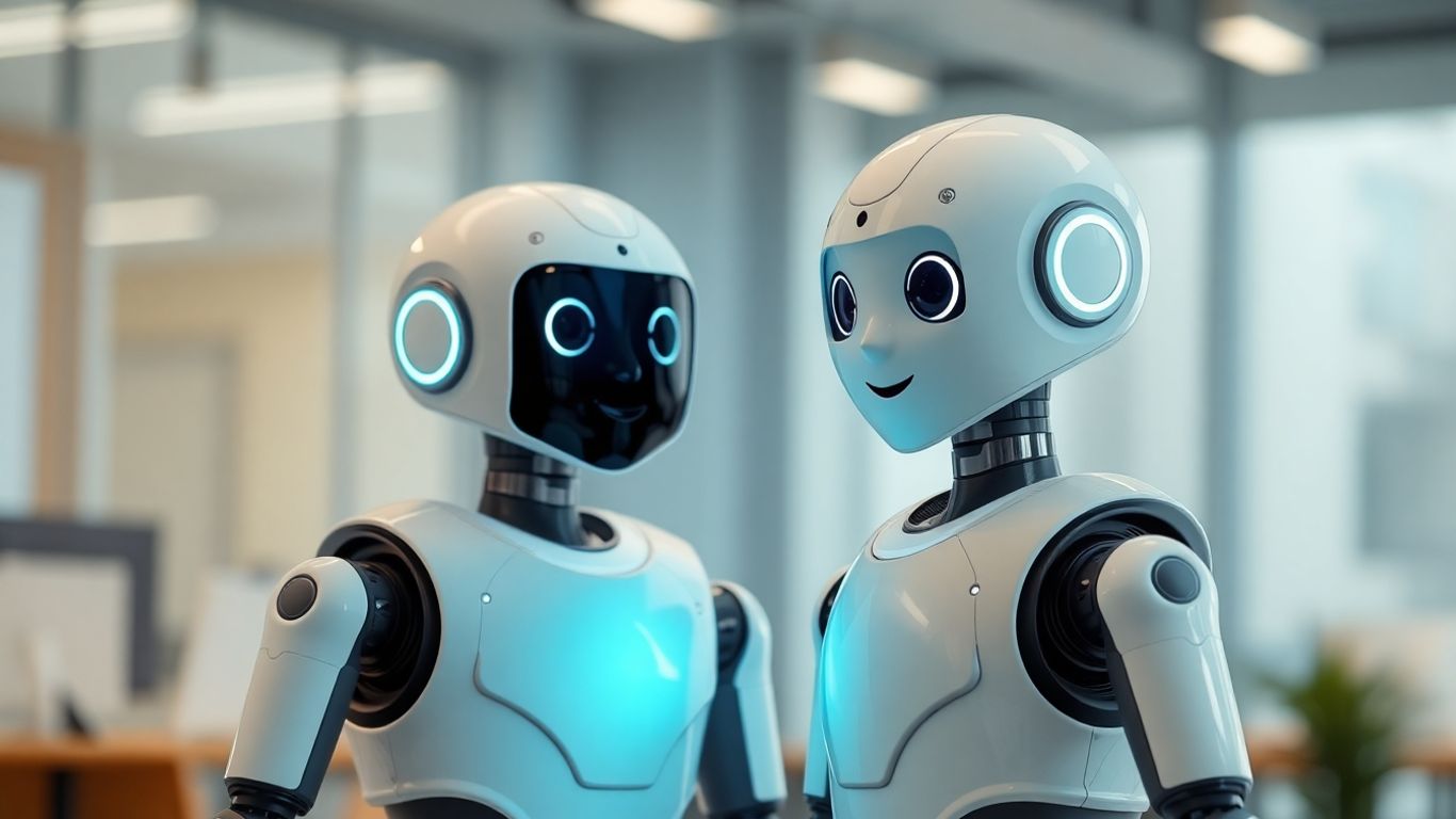 AI robot interacting with a person in an office.