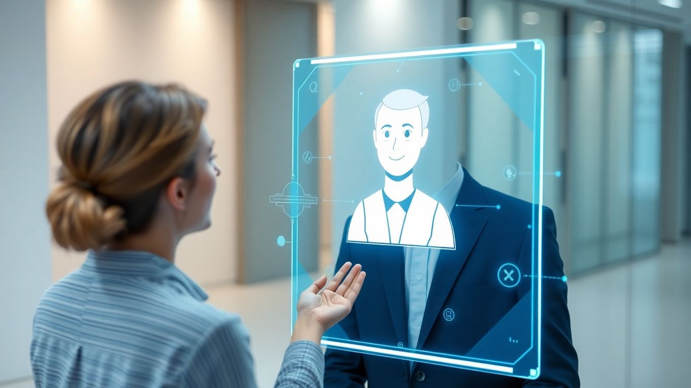 Person interacting with AI receptionist interface.