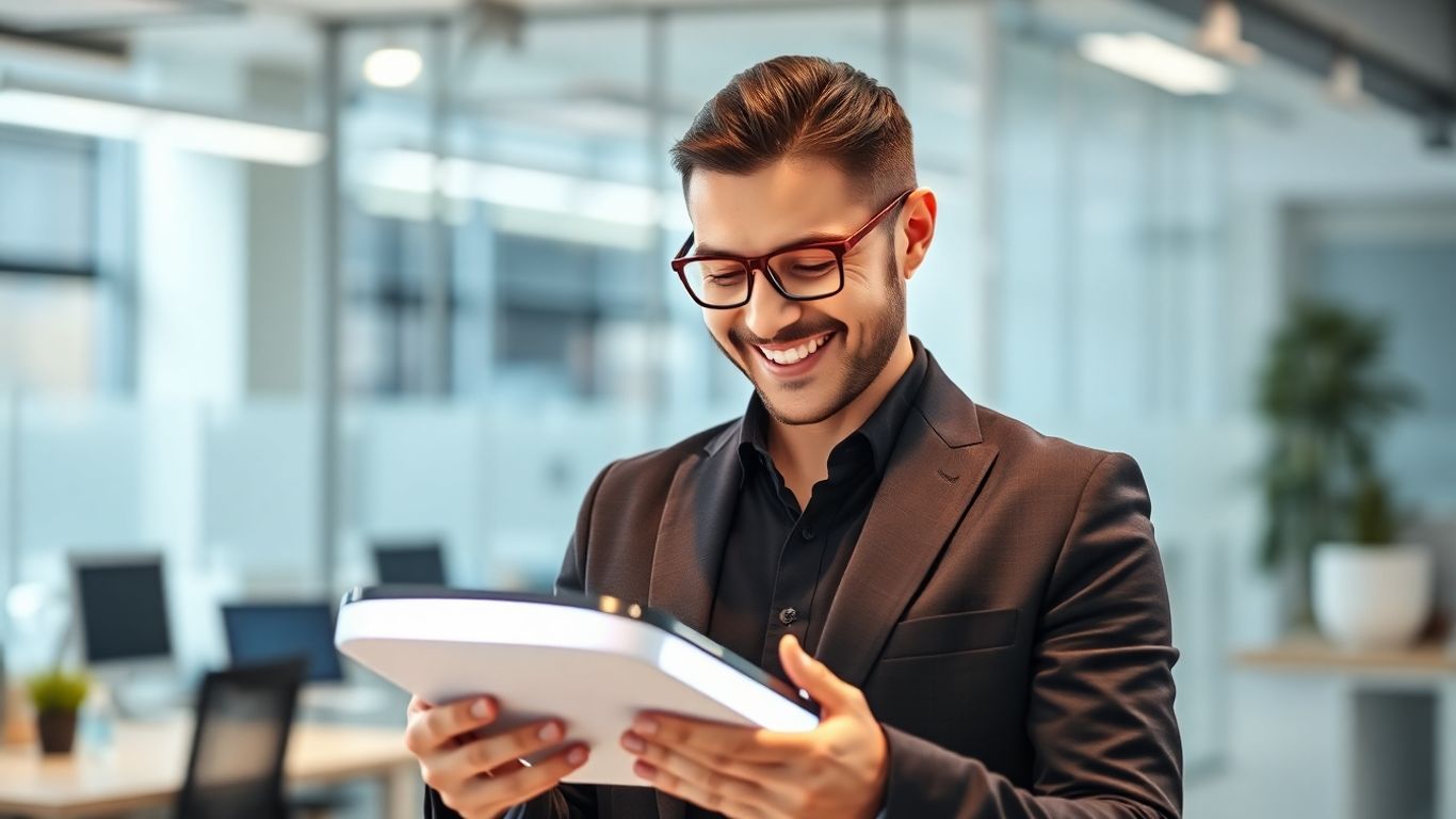 Professional using advanced AI receptionist technology in an office.