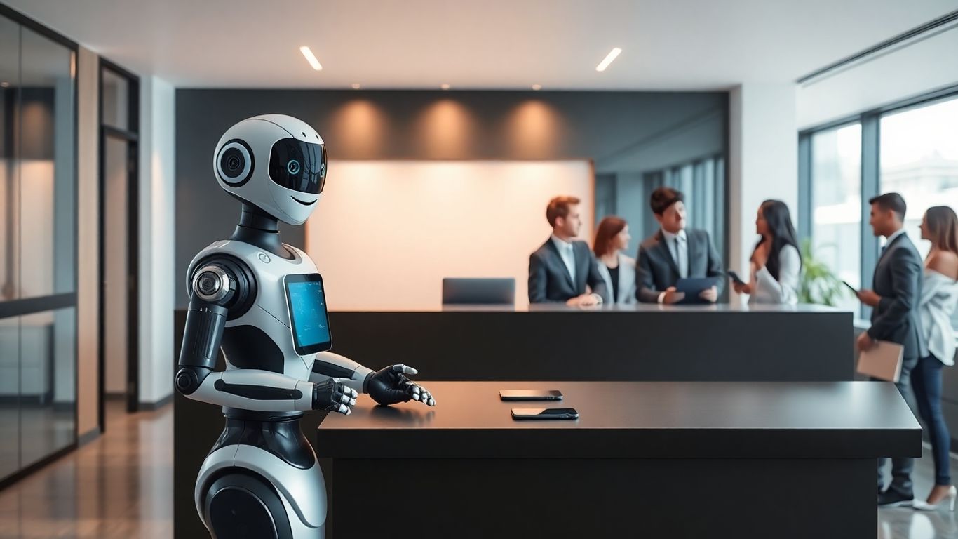 Humanoid robot receptionist greeting visitors at office desk