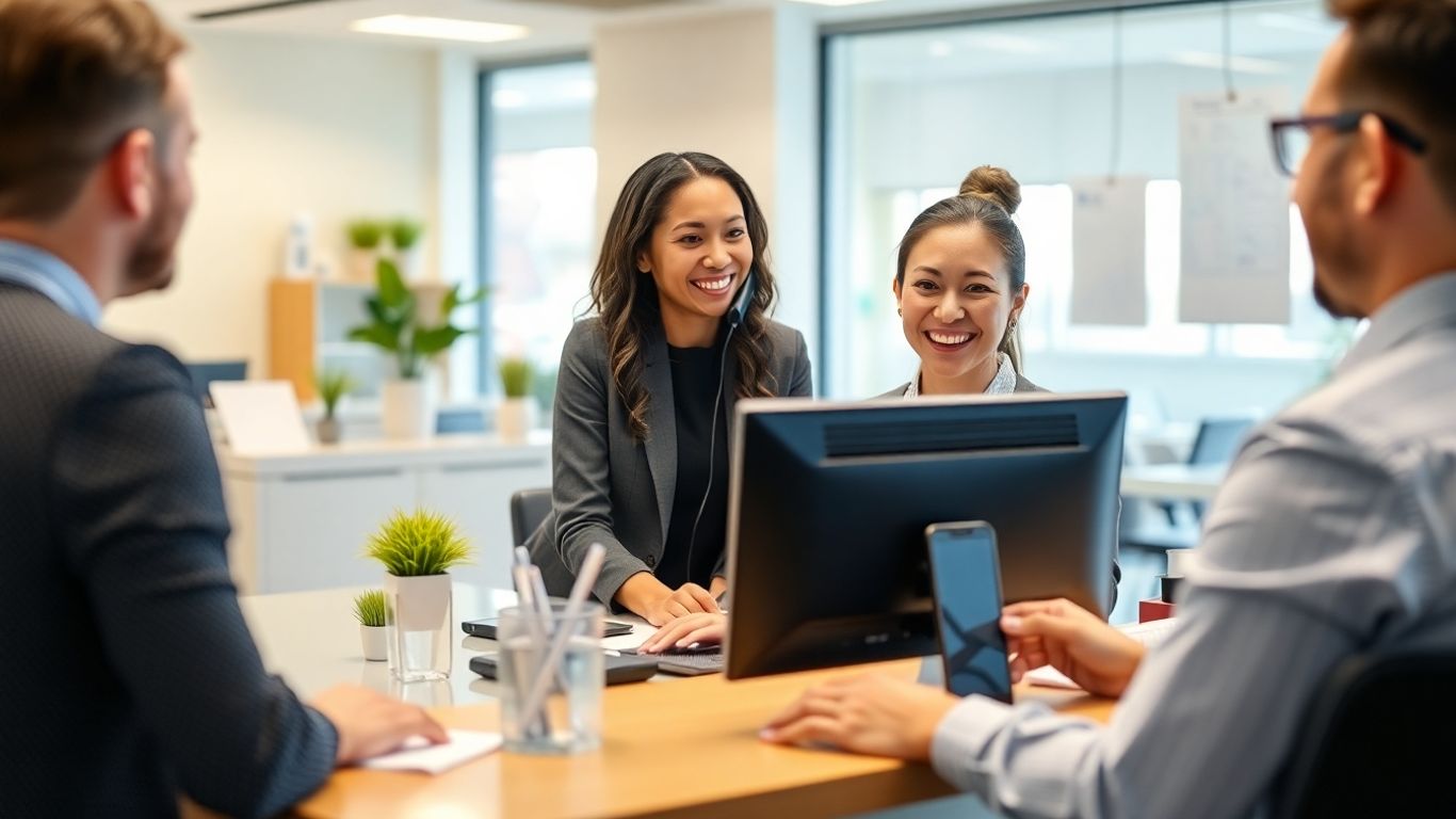 Receptionist answering phone and helping customer at office desk