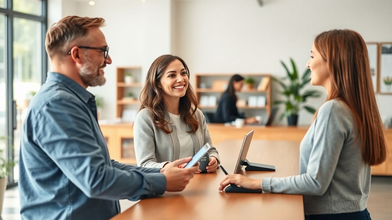 AI assistant helps customers in bright business reception area.