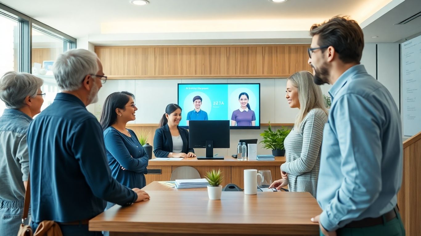 AI receptionist assisting diverse customers at small business