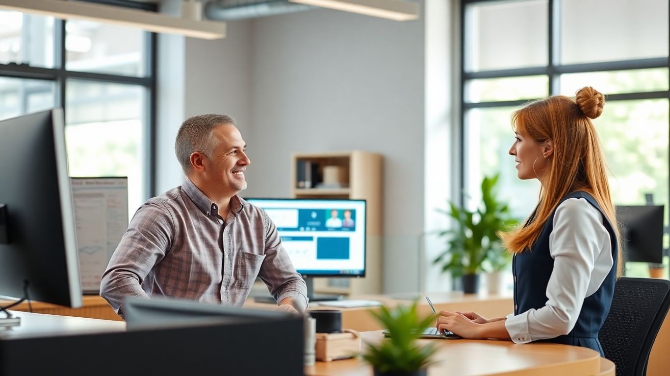 Small business owner interacts with AI receptionist in bright office.