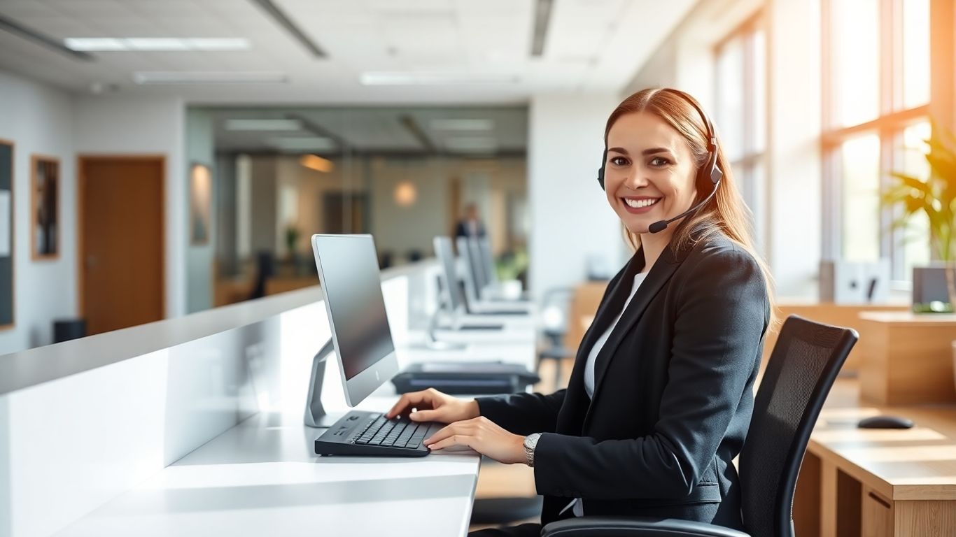 Receptionist with headset working in a bright modern office.