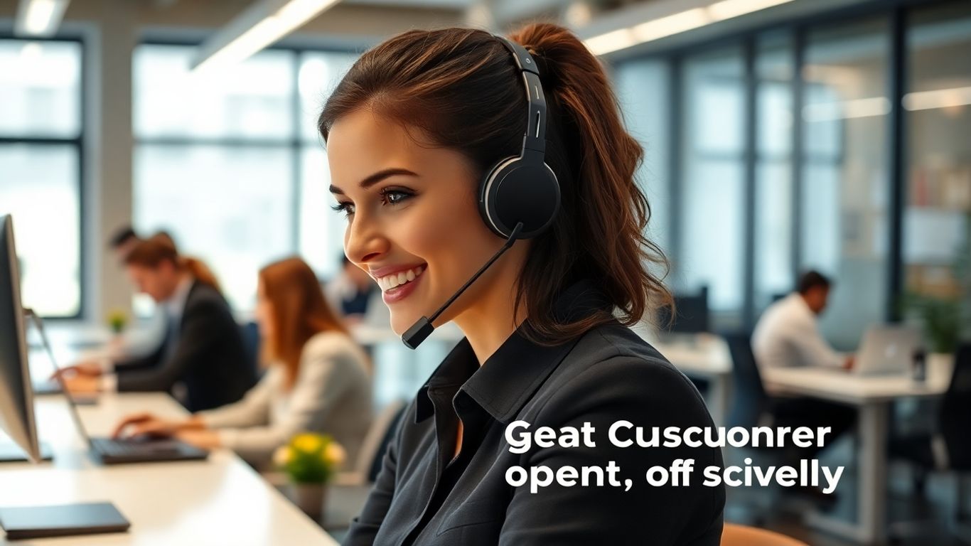 Receptionist with headset answering a phone in bright office.