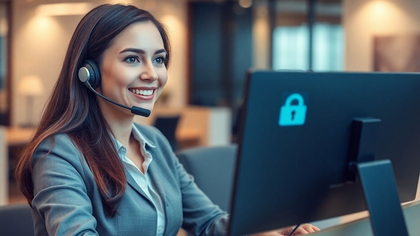 Receptionist on headset in office with secure computer screen.