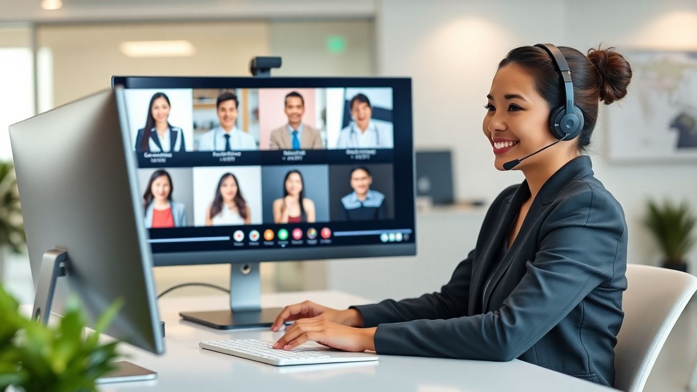 Bilingual receptionist with headset communicating in a modern office.