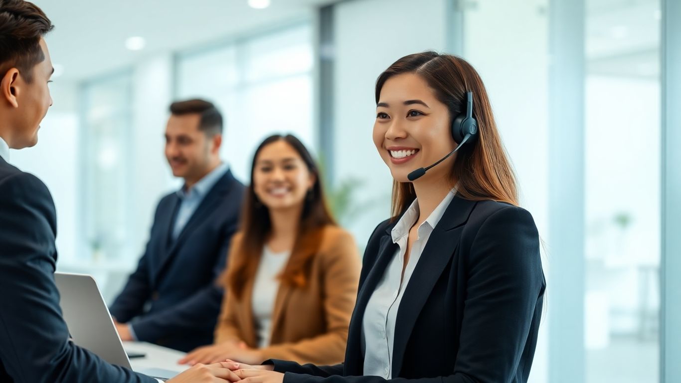 Bilingual receptionist assists two business professionals in office.