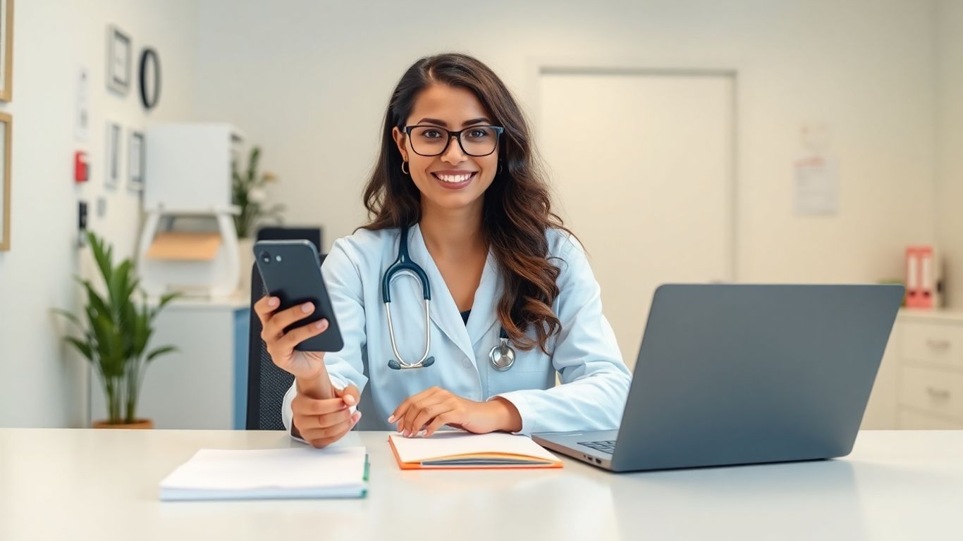Doctor using smartphone and laptop in modern medical office
