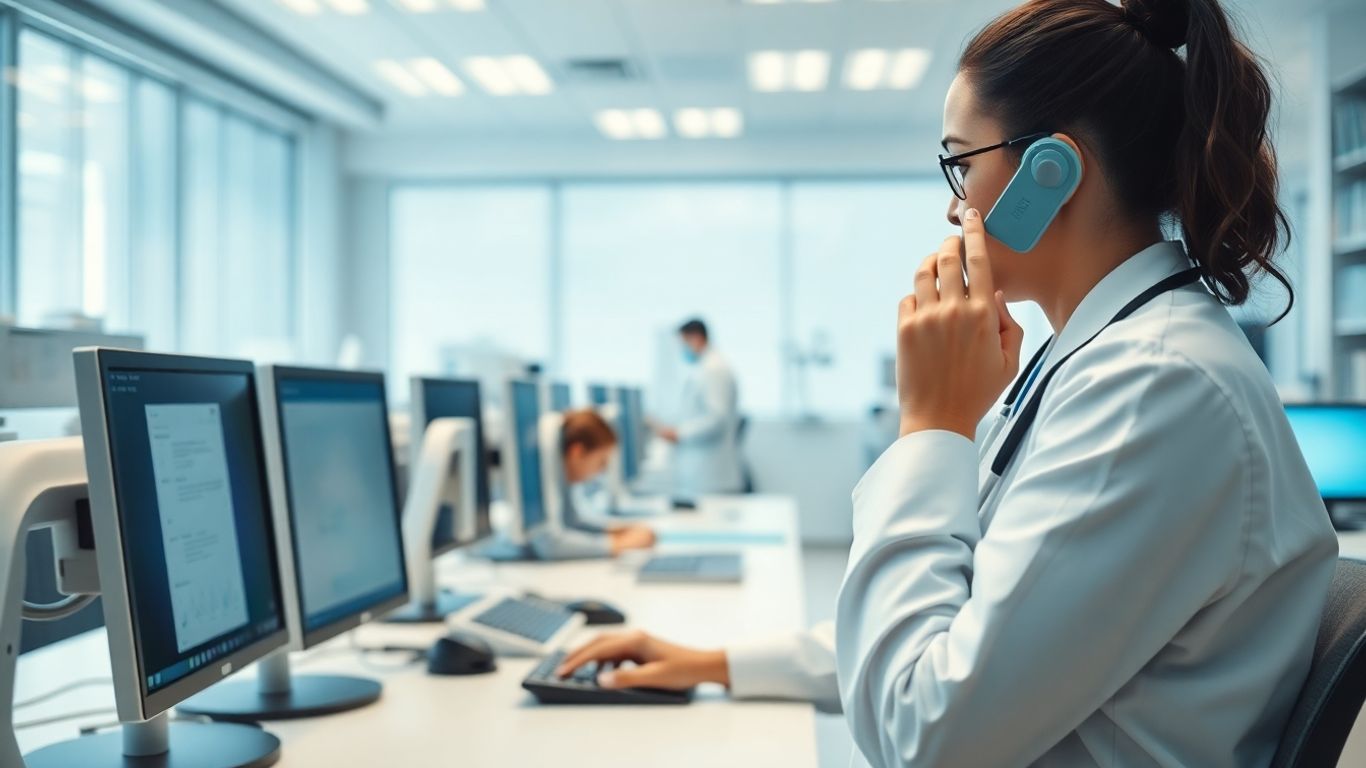 Doctor answering phone in a busy modern clinic office.