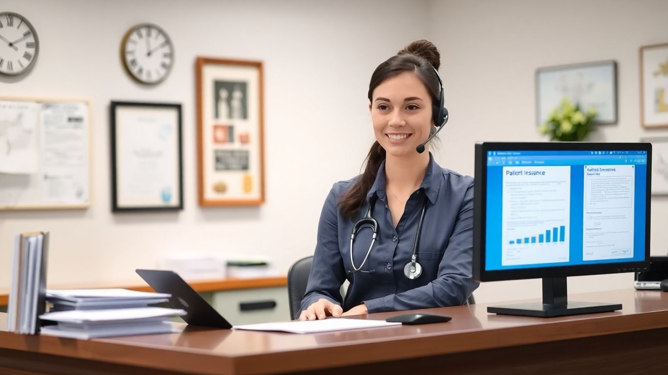 Receptionist verifying insurance at a medical office desk