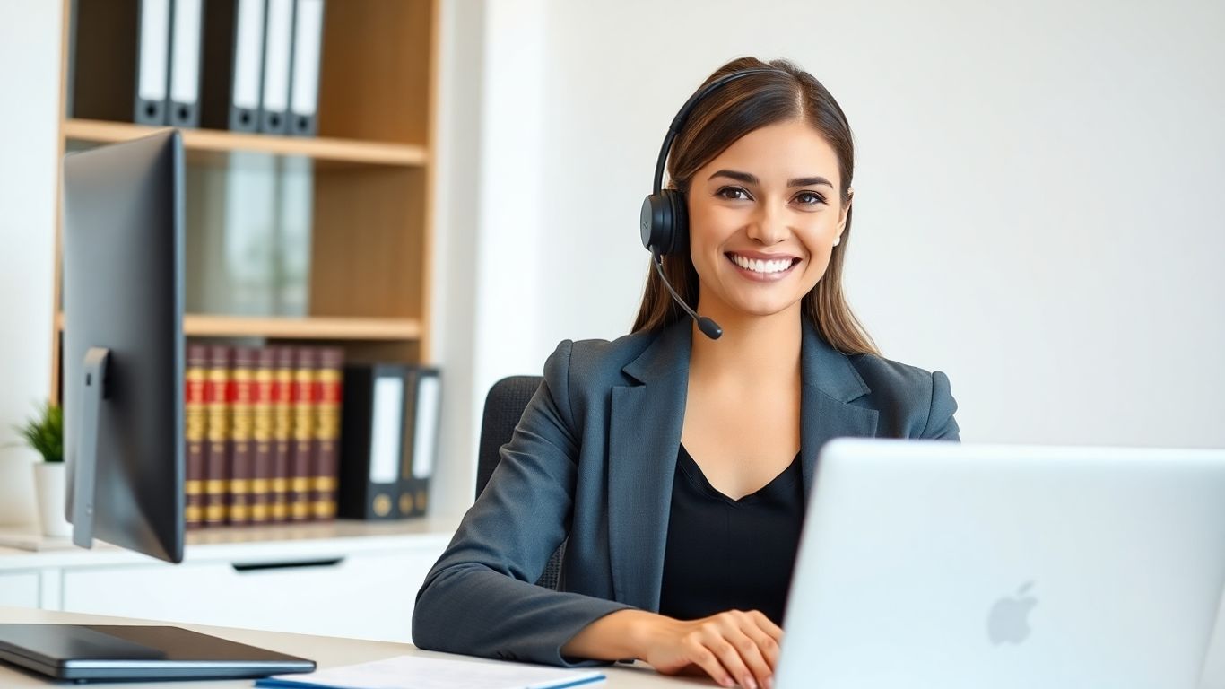 Receptionist with headset at a modern law office desk