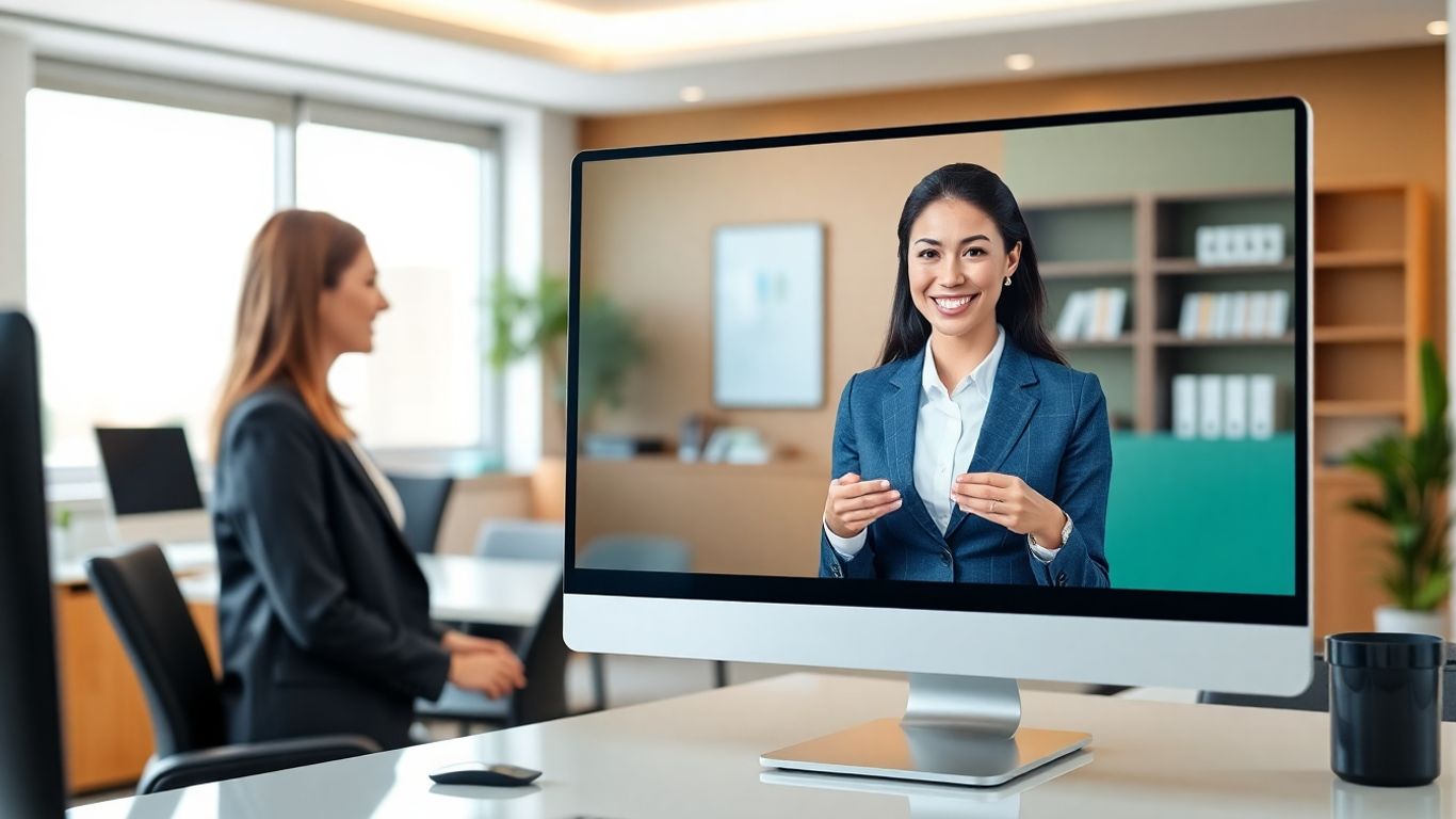 Virtual receptionist greeting lawyer in modern office setting