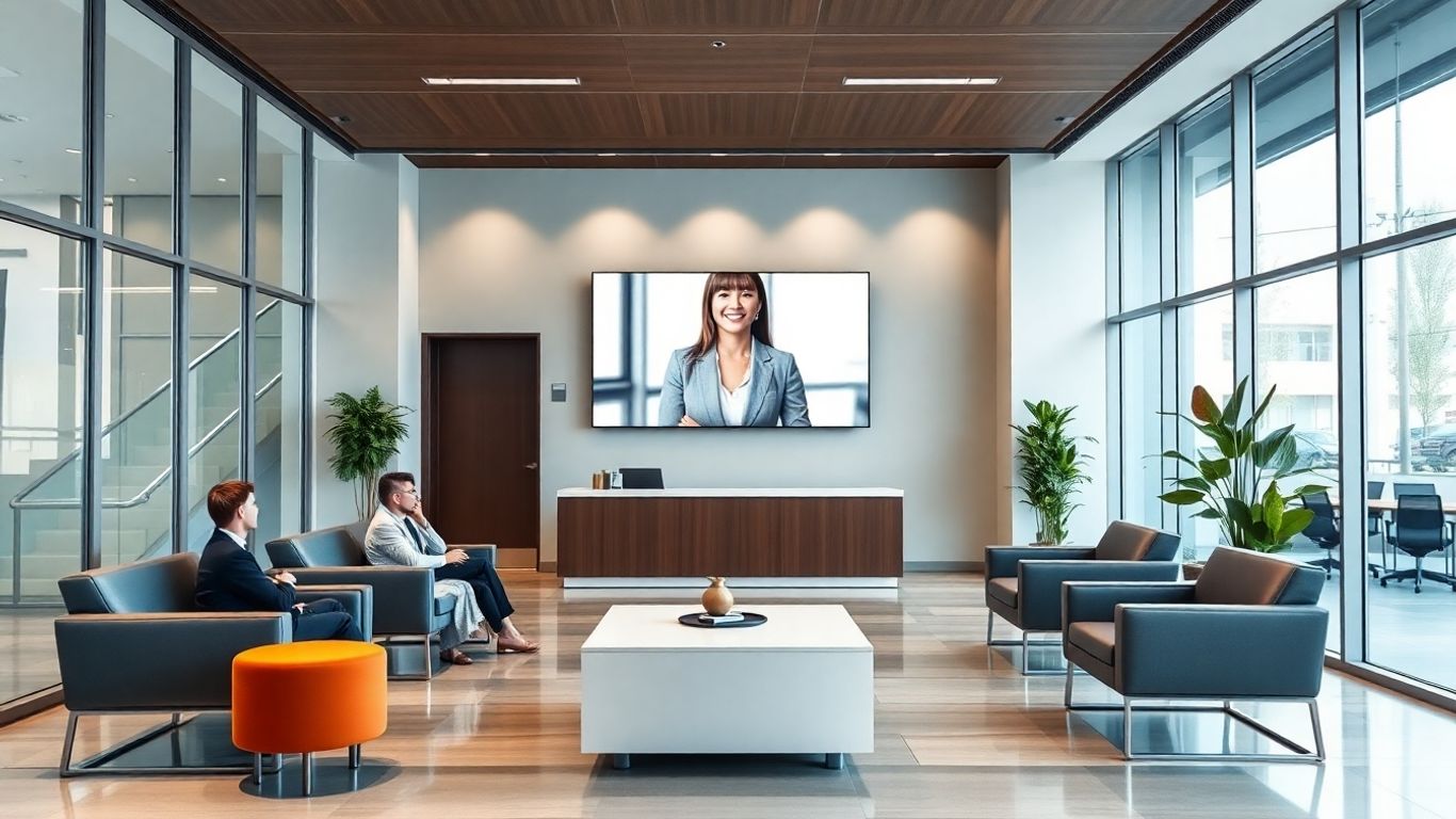 Virtual receptionist greeting law firm clients on video screen
