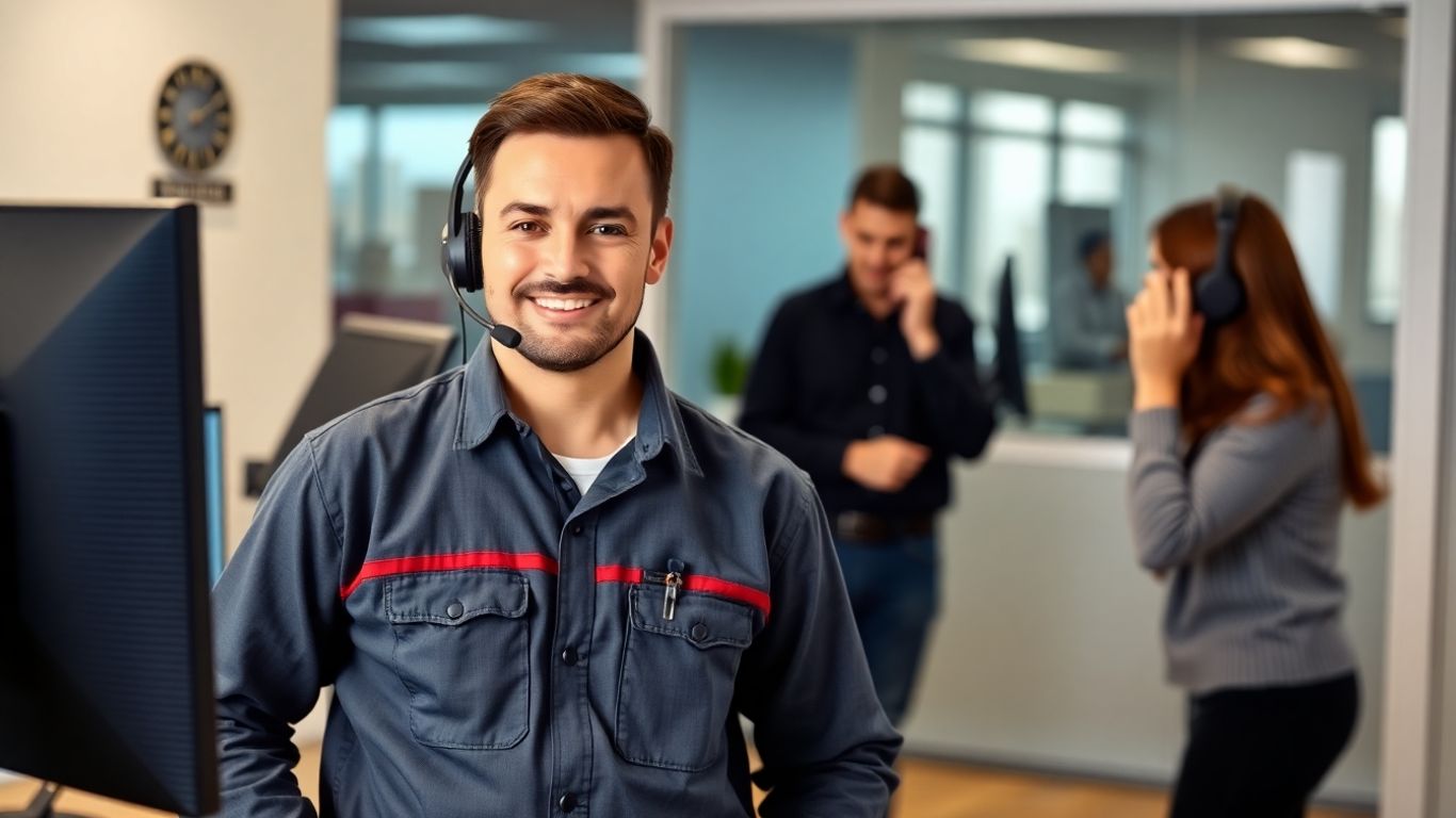 Plumber in headset assisting a customer in office