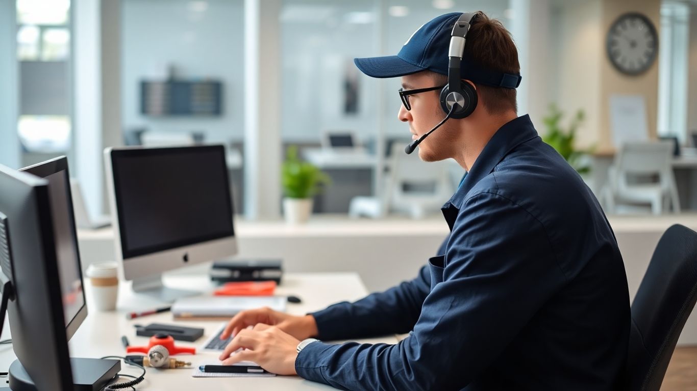 Plumber with headset at desk and plumbing tools