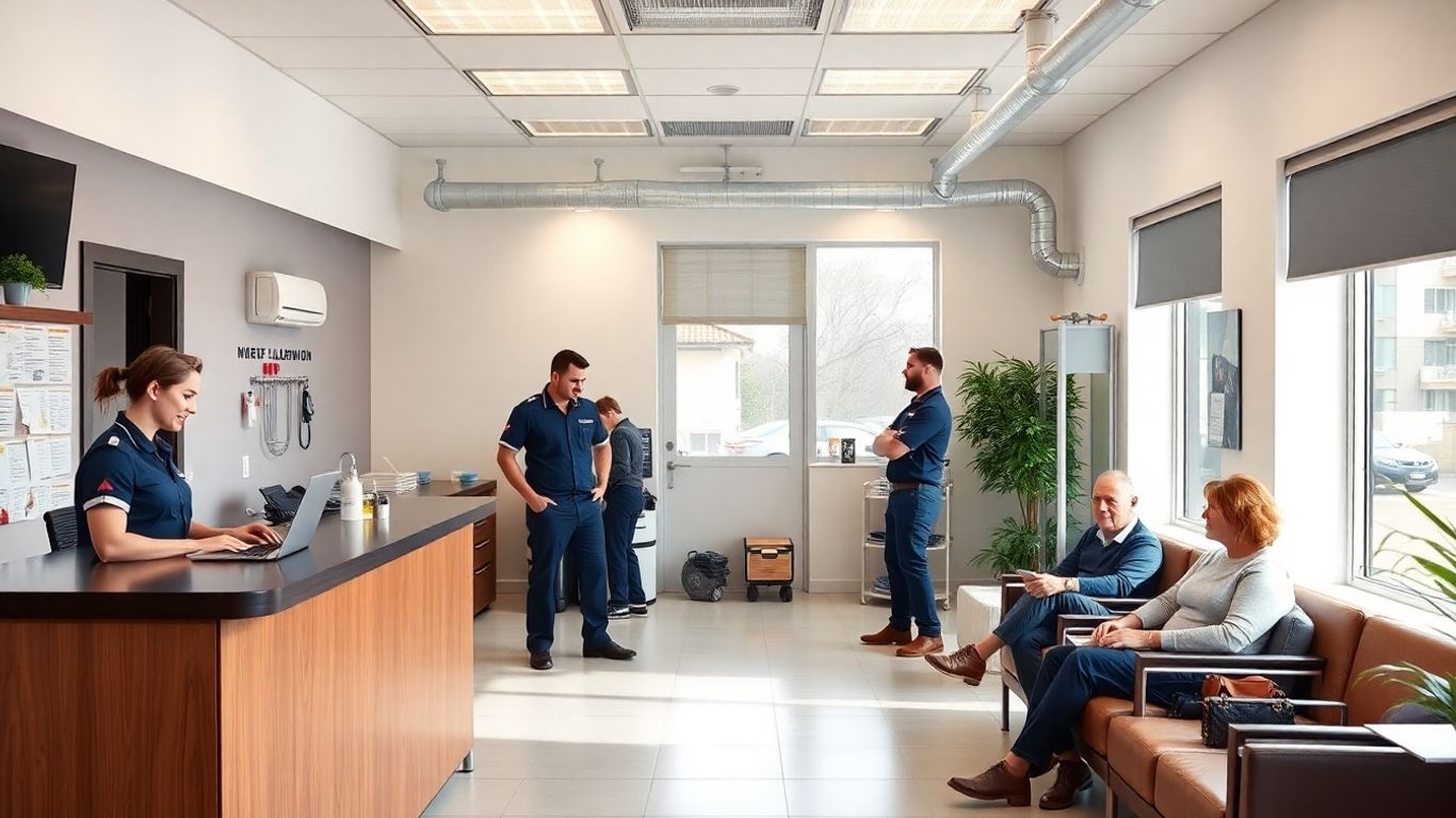 Plumbers at work and receptionist answering customer calls