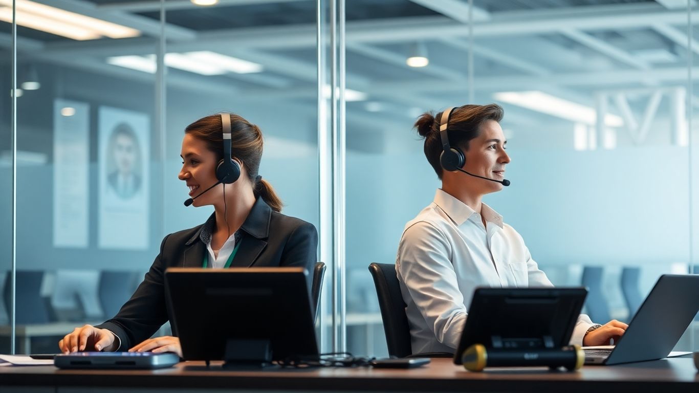 Two professionals in high-tech office using headsets securely