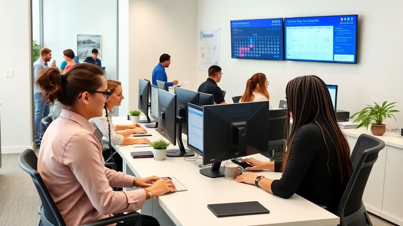 Receptionist answers calls beside digital calendar screens in office.