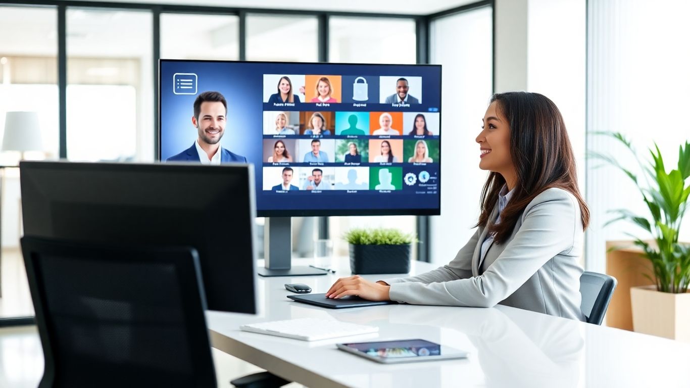 Business receptionist video calling with integrated digital software display.