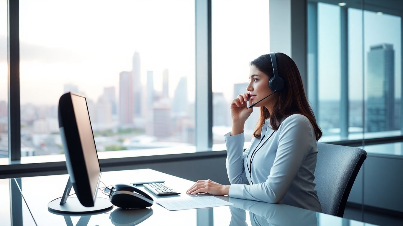 Virtual receptionist working in Brisbane office with city view.