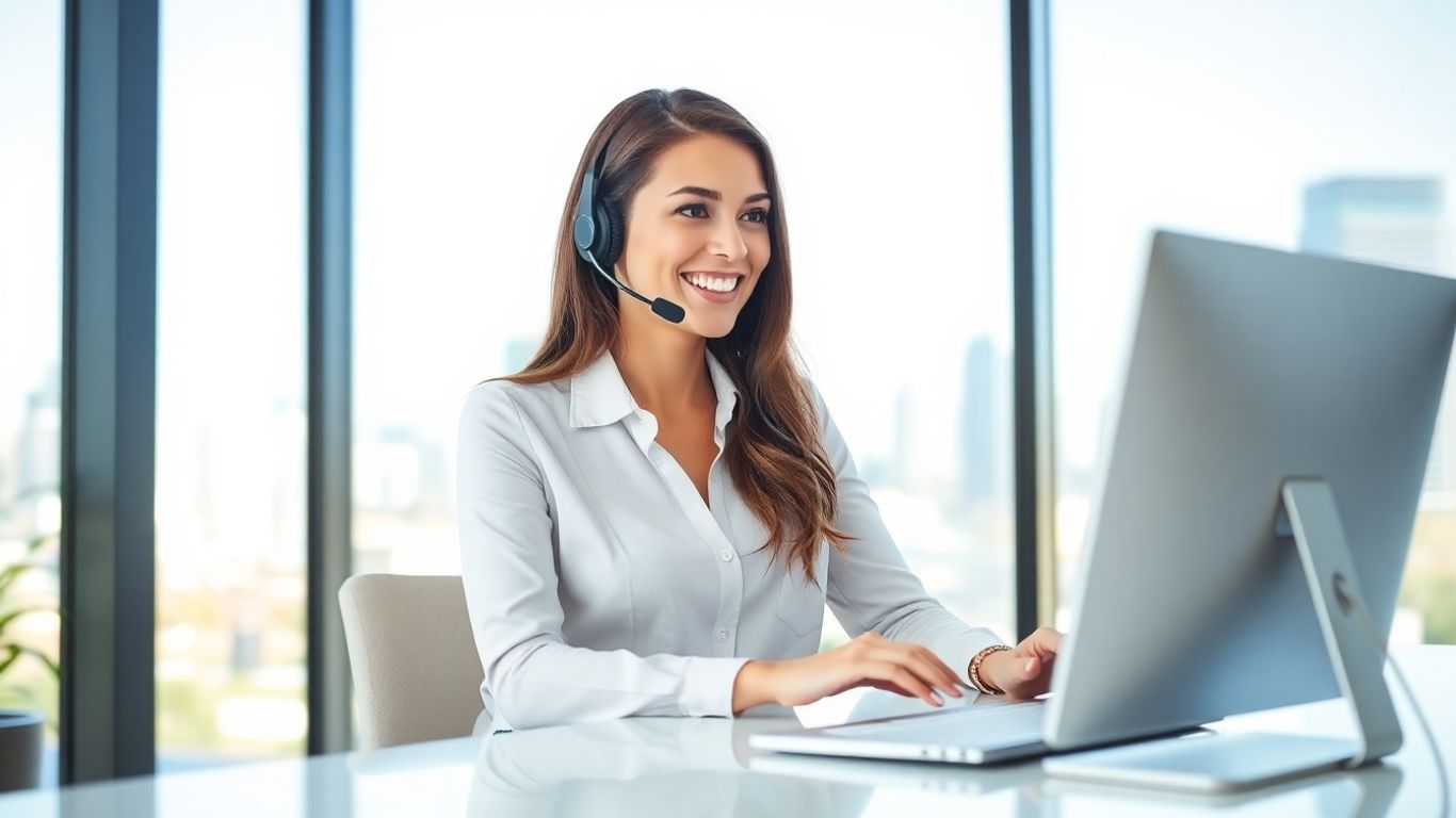 Smiling receptionist with headset in bright Brisbane office