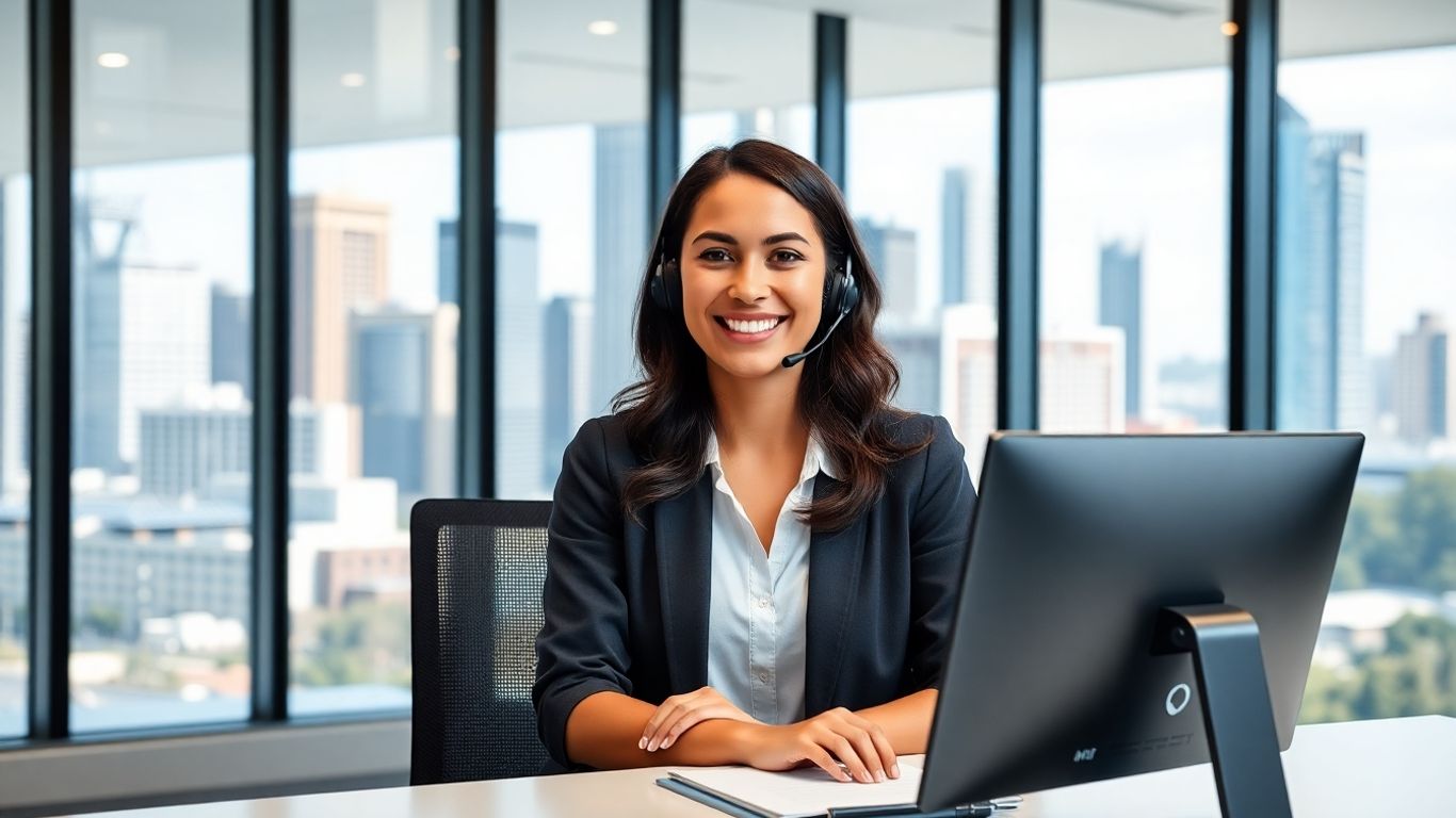 Smiling receptionist at desk with Brisbane city view