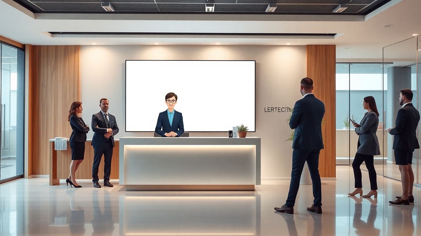 Modern office with digital virtual receptionist and professionals