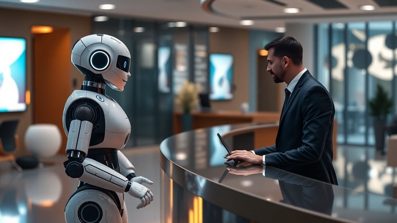 AI robot receptionist welcomes professional in modern office lobby.