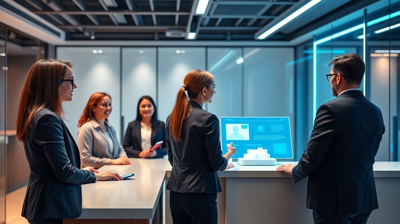 AI receptionist greeting clients at a modern office lobby
