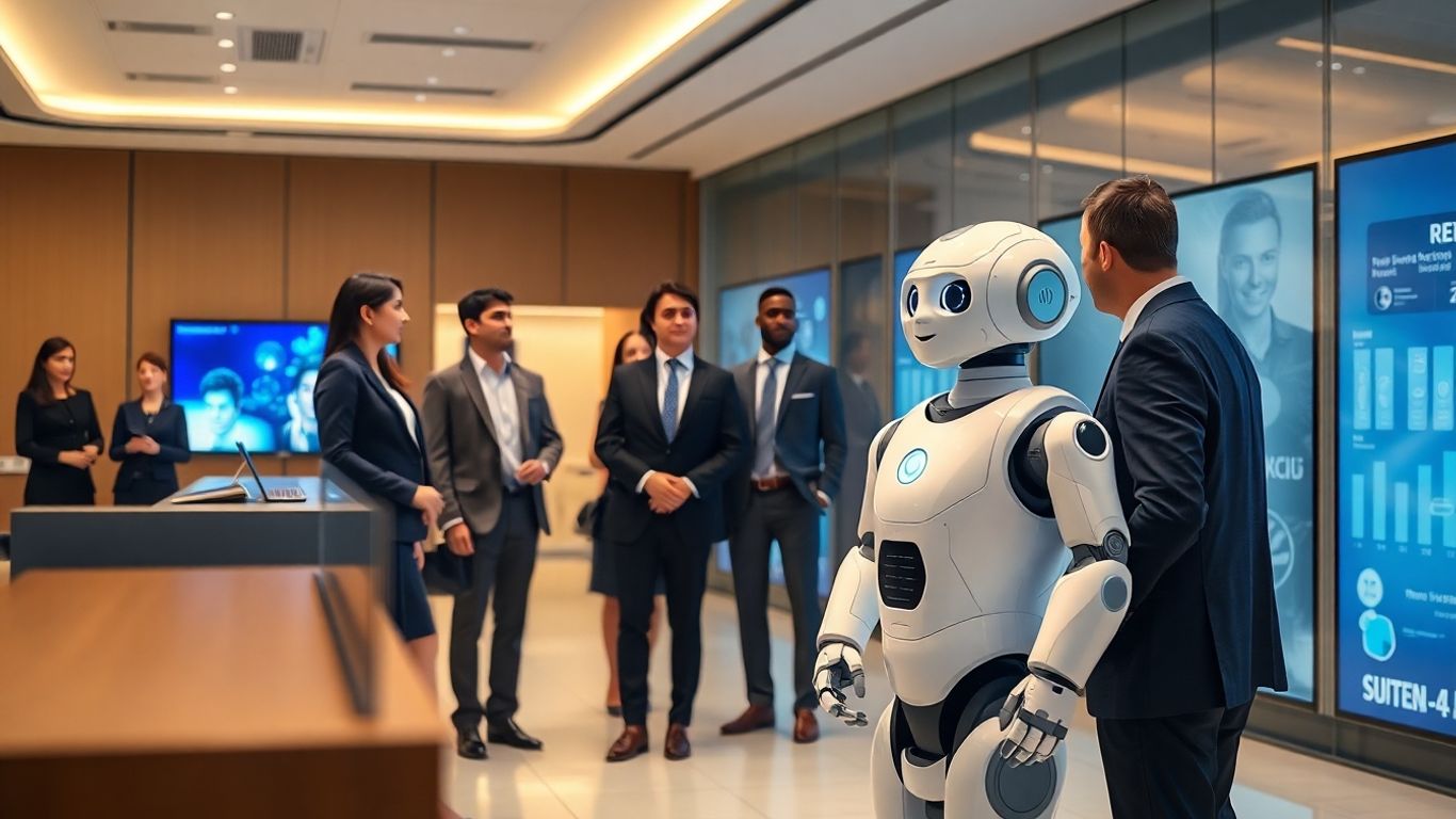 Robot receptionist greeting visitors in a modern office lobby.