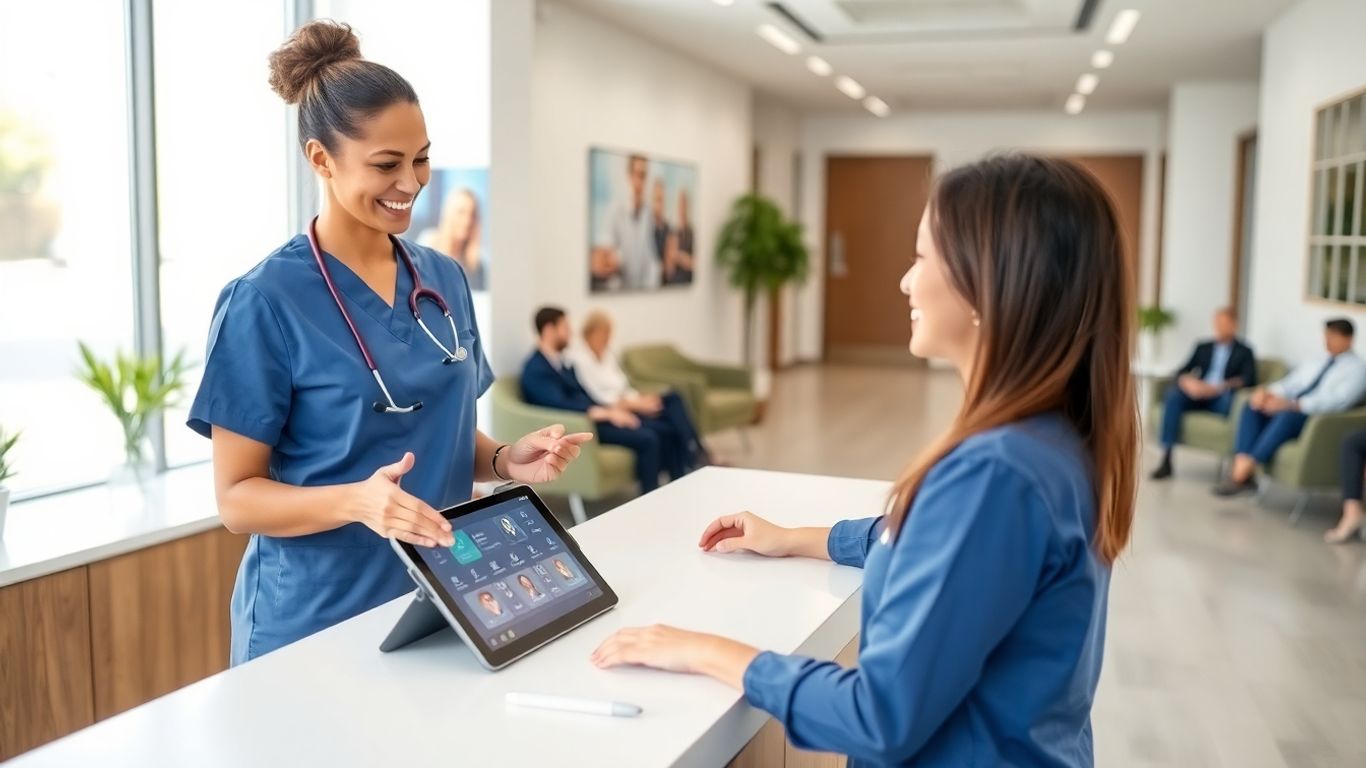 Digital tablet at medical office reception with virtual assistant.