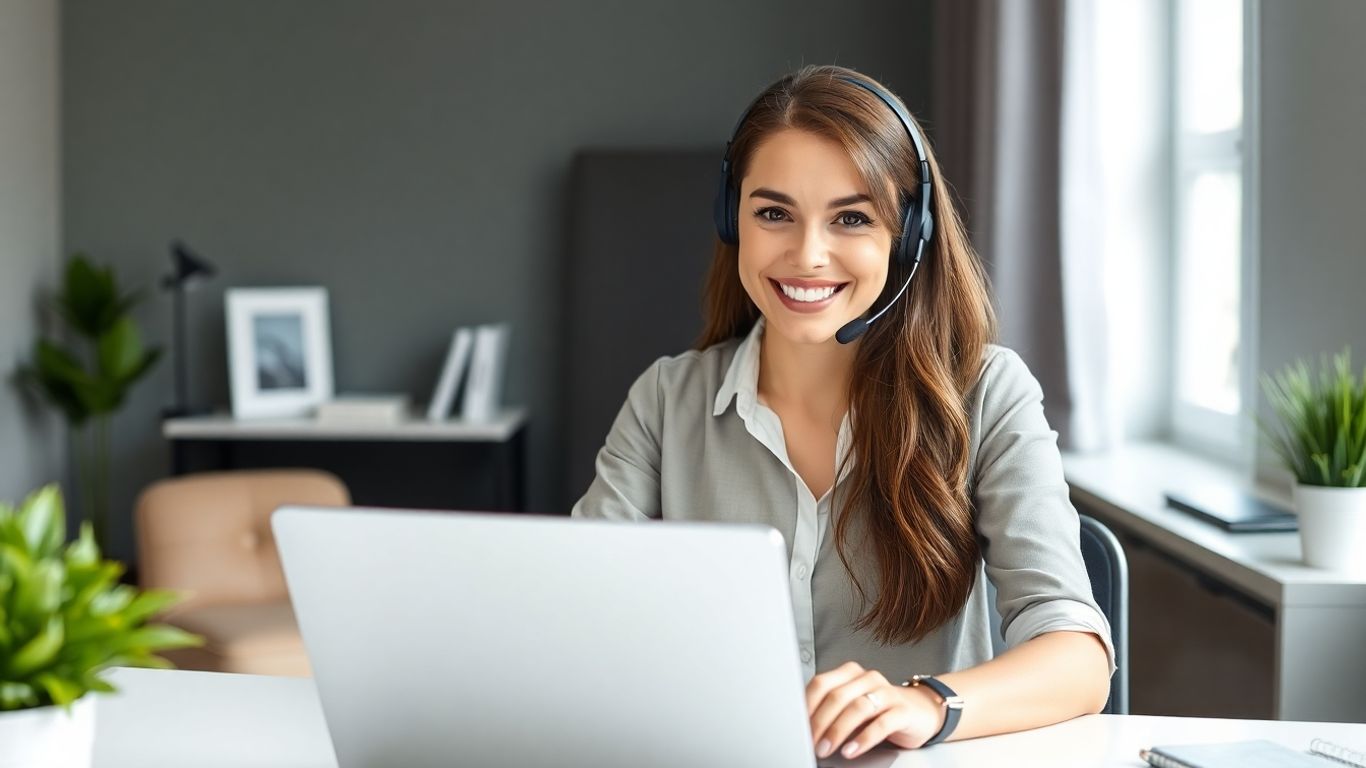 Woman with headset at laptop in home office