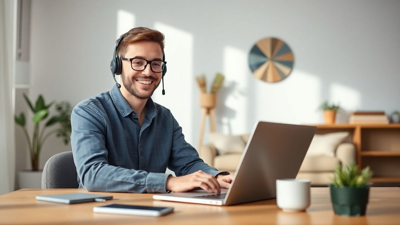 Virtual receptionist smiling with headset in home office