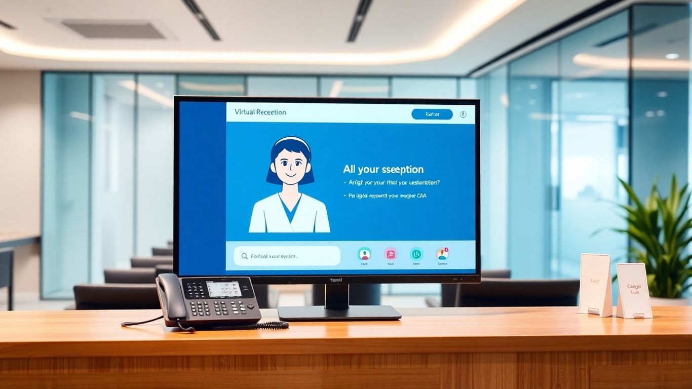AI assistant on office reception monitor with phone nearby