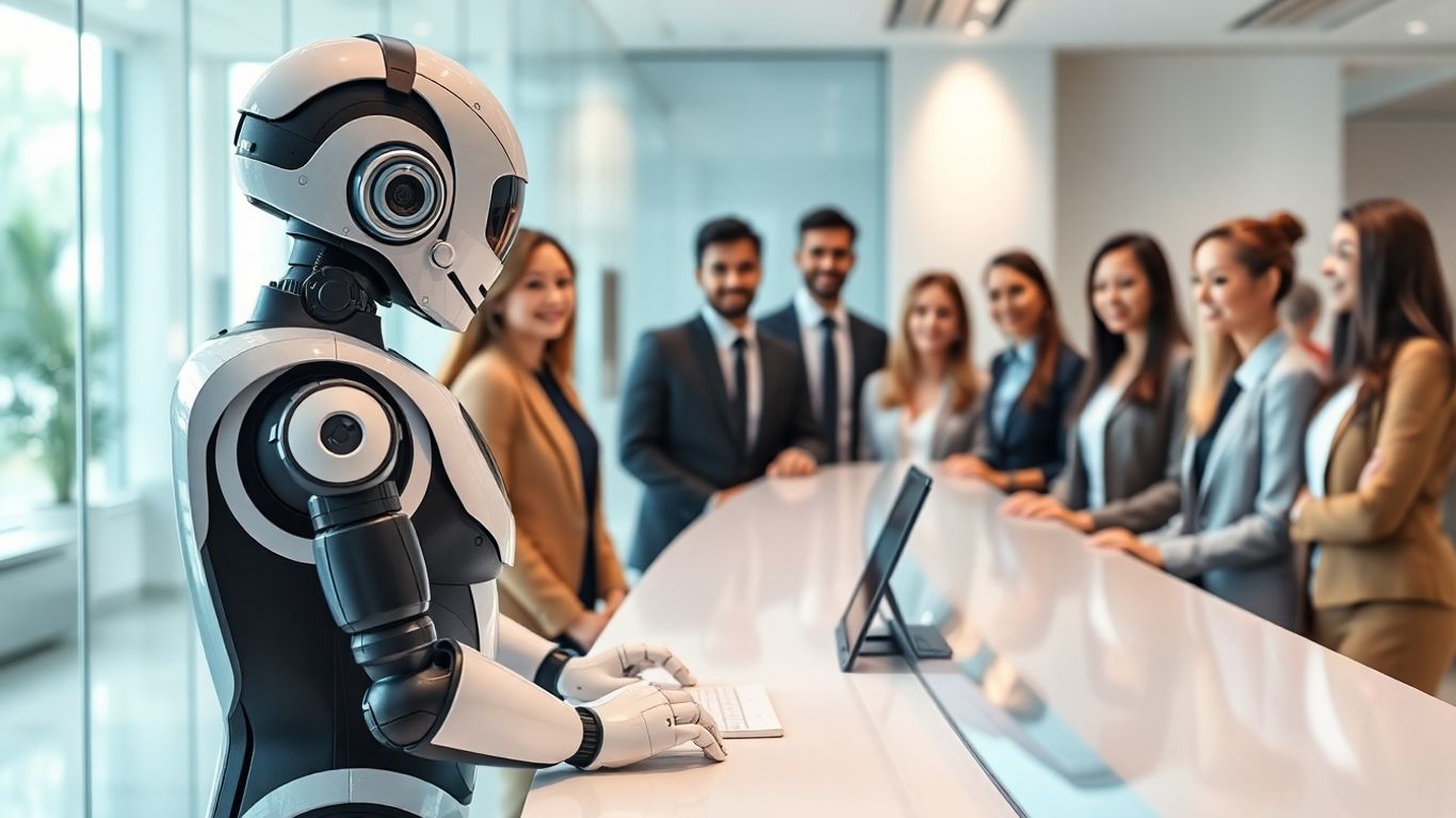 Robot receptionist greets business professionals at modern office desk.