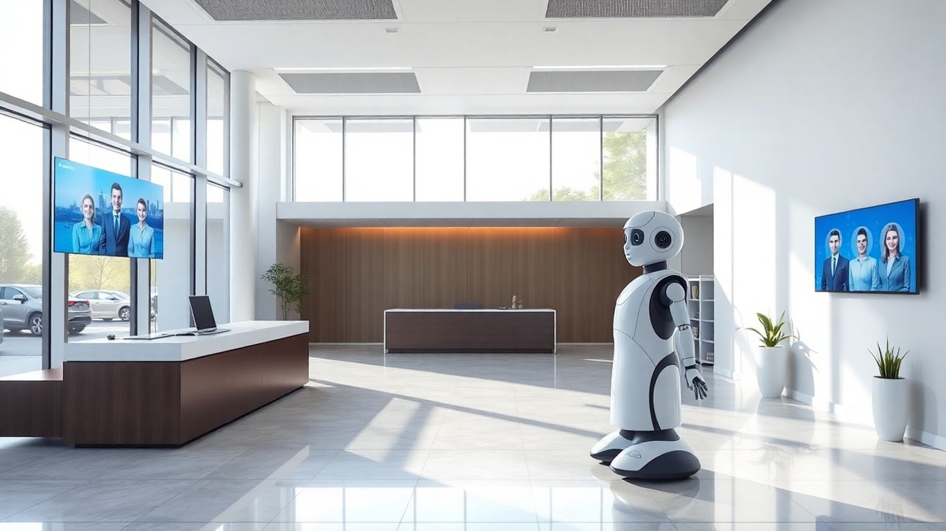Robot receptionist with headset at modern office reception desk