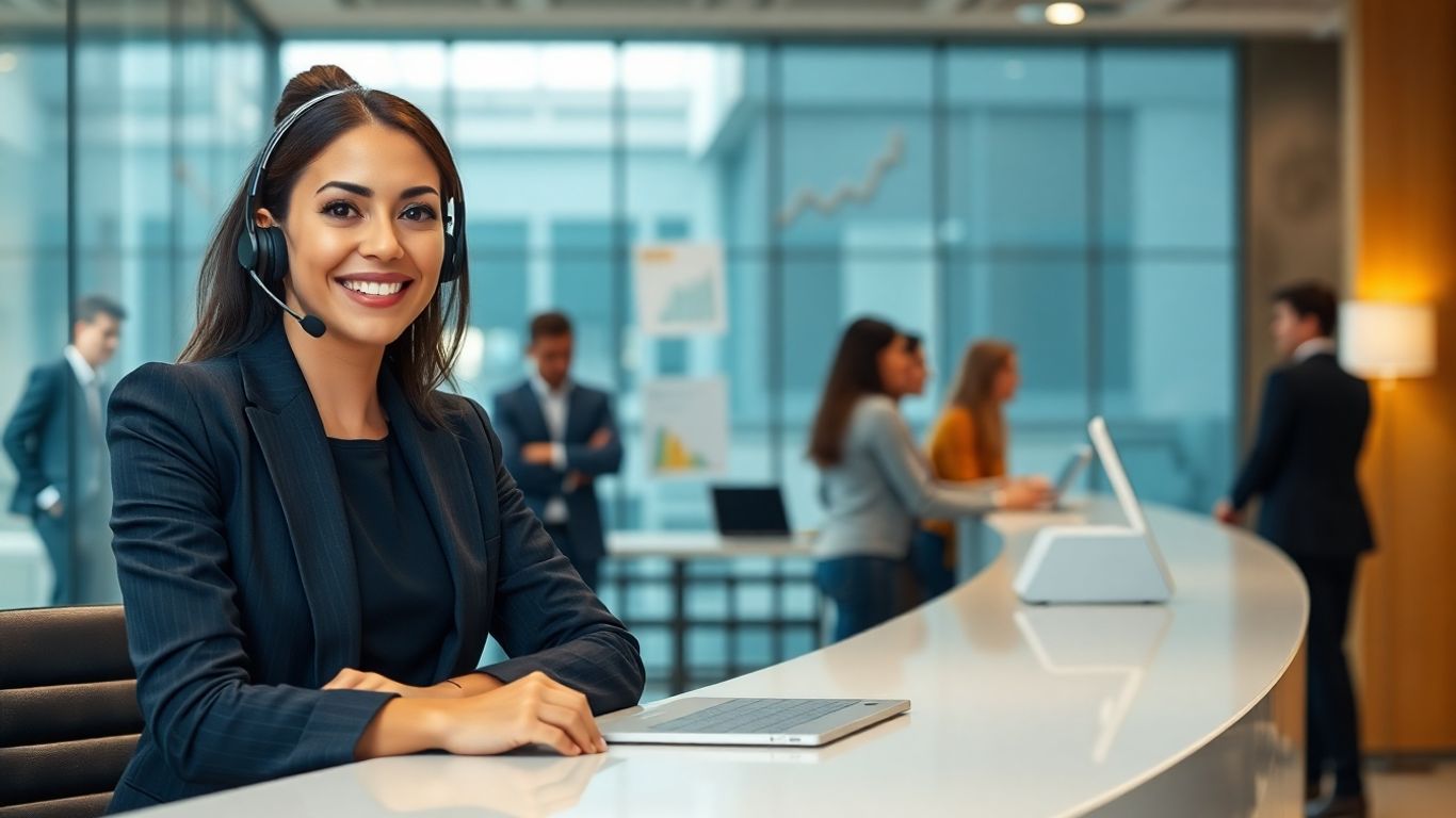 Receptionist on headset in modern busy office environment