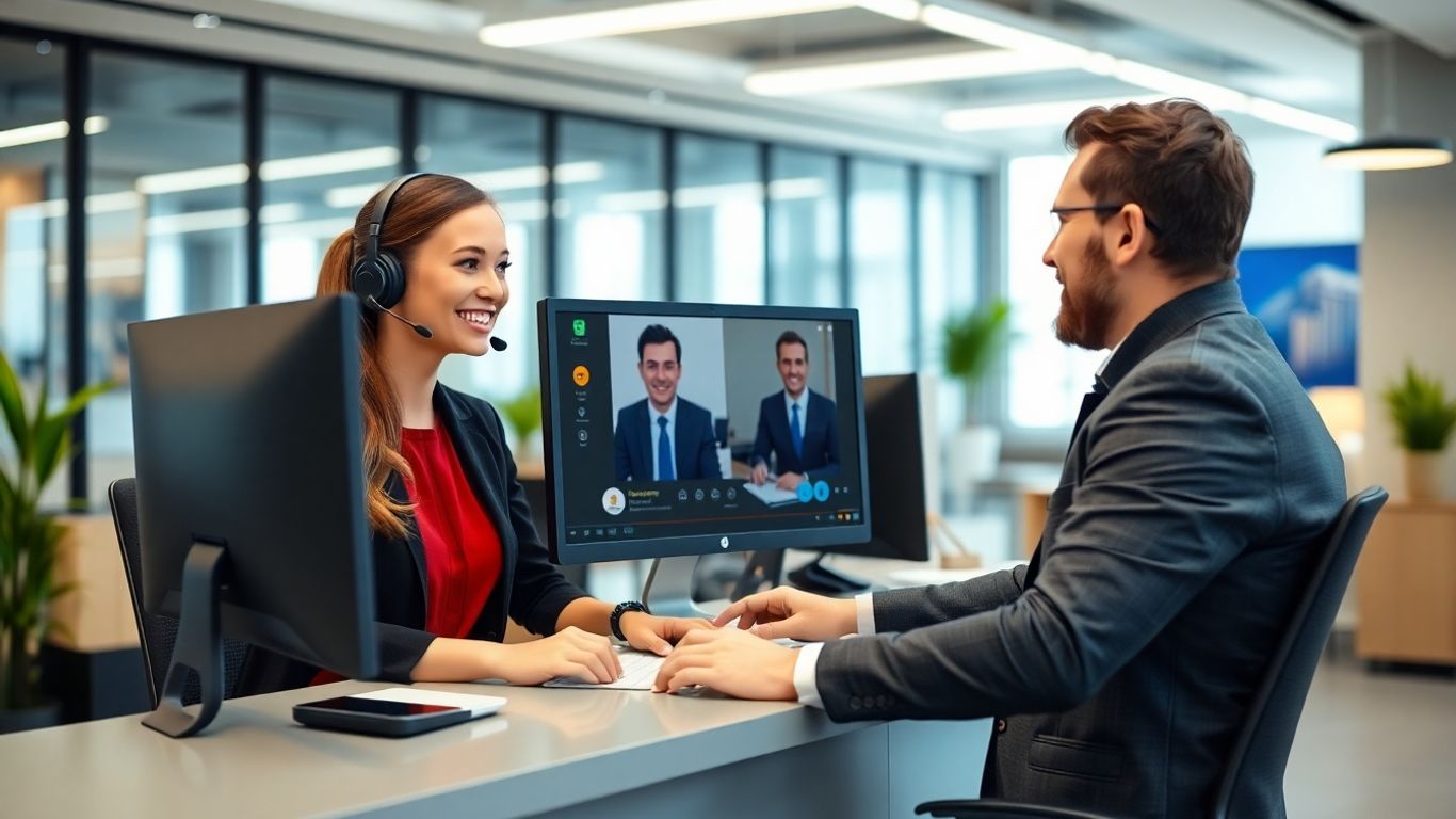 Receptionist with headset talking to client on computer